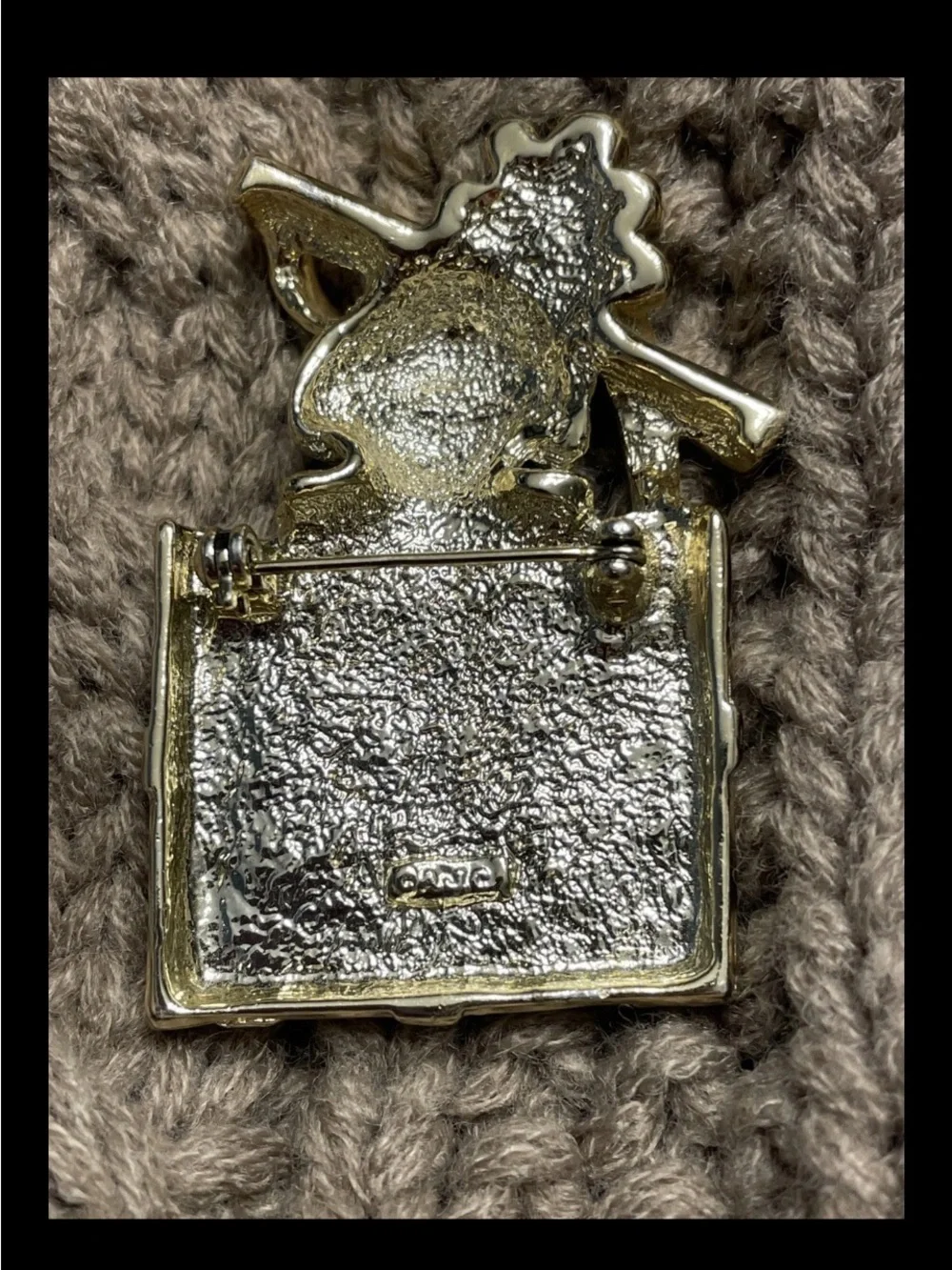 Vintage AJC Gold Tone Christmas Puppy Peeking Out of Present Brooch Pin